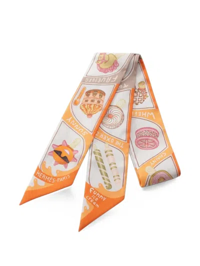 Pre-owned Hermes 2000s Funny Ice Cream Ribbon Scarf In White
