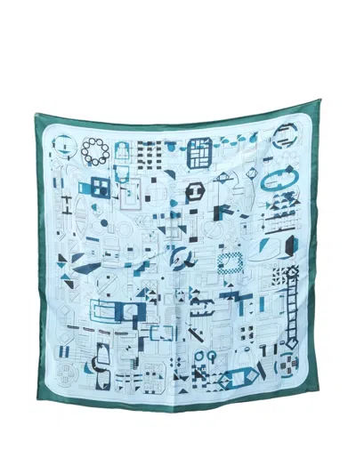 Pre-owned Hermes 2000s Geometric-pattern Silk Scarf In Blue