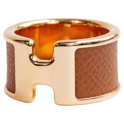 Pre-owned Hermes 2000s Hermès Olympe Ring In Leather And Gold Pleated Metal In Multi
