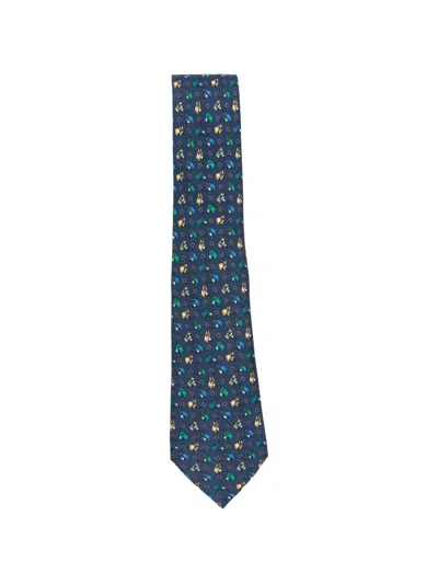 Pre-owned Hermes 2000s Horse-print Silk Tie In Blue