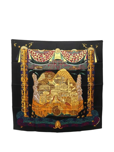 Pre-owned Hermes 2000s L'atlantide Printed Silk Scarf In Black