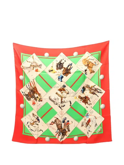 Pre-owned Hermes 2000s Le Monde De Polo Graphic Silk Scarf In Green