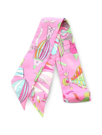 Pre-owned Hermes 2000s Les Folies Du Ciel Ribbon Silk Scarf In Pink