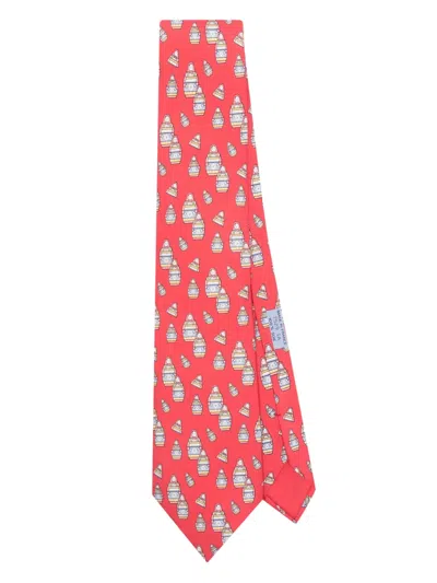 Pre-owned Hermes 2000s Matryoshka-print Silk Tie In Red