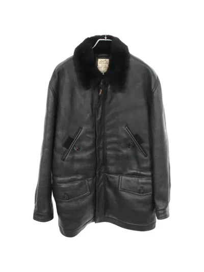 Pre-owned Hermes 2000s Mouton Lamb Leather Coat In Black
