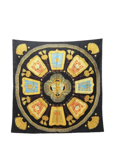 Pre-owned Hermes 2000s Poste Et Cavalerie Silk Scarf In Black