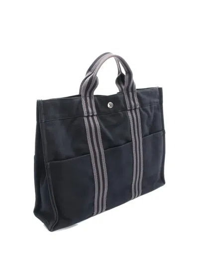 Pre-owned Hermes 2000s Striped-handle Tote Bag In Black
