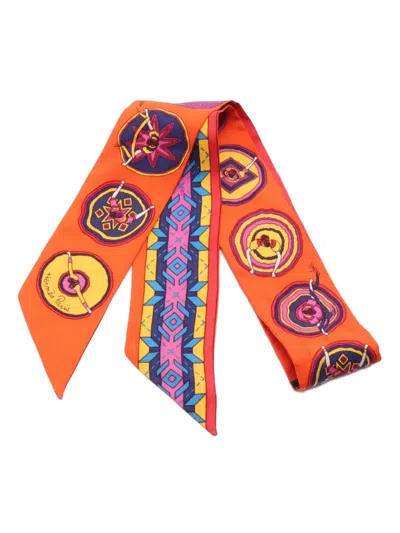 Pre-owned Hermes 2000s Twilly Balles Du Mexique Scarf In Orange