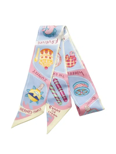 Pre-owned Hermes 2000s Twilly Funny Ice Cream-motif Scarf In Blue
