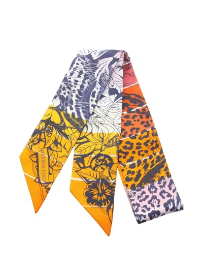 Pre-owned Hermes 2000s Twilly Jungle Love Ribbon Scarf In Orange