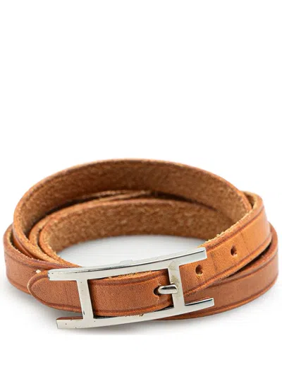 Pre-owned Hermes 2001 Leather Hapi Triple Tour Wrap Bracelet M Costume Bracelet In Brown