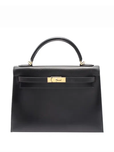 Pre-owned Hermes 2002 Box Calf Kelly Ii Sellier 32 Satchel In Black