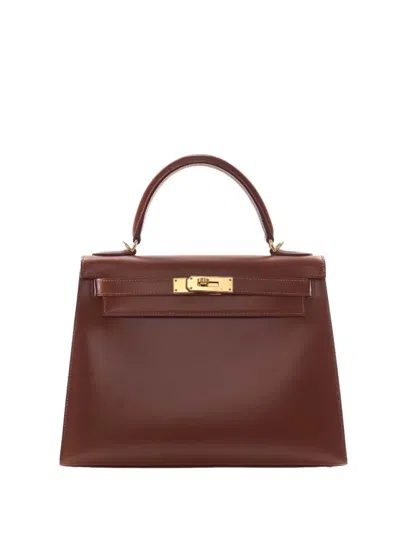 Pre-owned Hermes 2002 Box Calf Kelly Sellier 28 Satchel In Brown