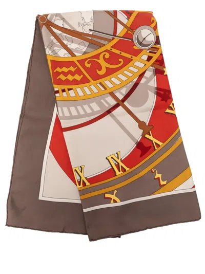 Pre-owned Hermes 2002 Mecanique Du Temps Silk Scarf 90 Scarves In Brown