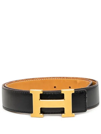 Pre-owned Hermes 2003 Box Calf And Courchevel Constance H Reversible Belt In Black