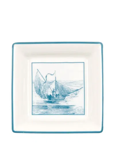 Pre-owned Hermes 2003 Square-porcelain Mini Decorative Tray (8cm X 8cm) In White