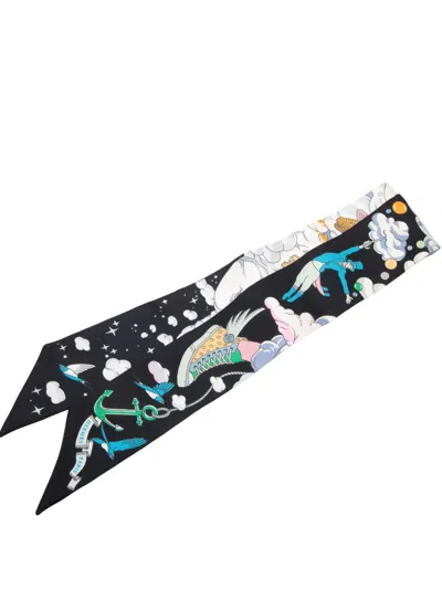 Pre-owned Hermes 2003 Sur Mon Nuage Silk Twilly Scarf Scarves In Black