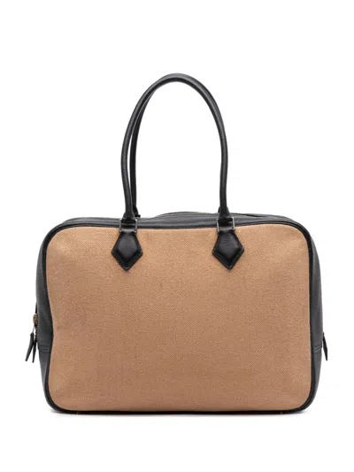 Pre-owned Hermes 2003 Toile And Clemence Plume 32 Handbag In Brown
