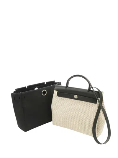 Pre-owned Hermes 2003 Toile Criss Viking Vache Hunter Herbag Zip 31 Satchel In Brown