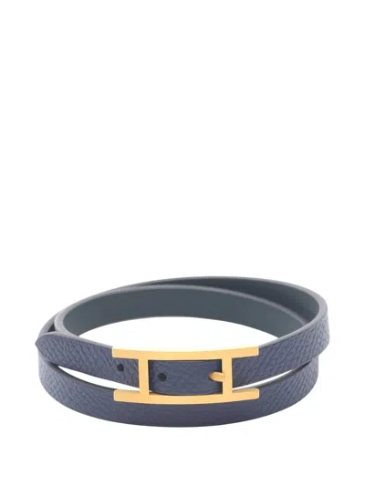 Pre-owned Hermes 2004-2025 Epsom And Swift Behapi Double Tour Bracelet Costume Bracelet In Blue