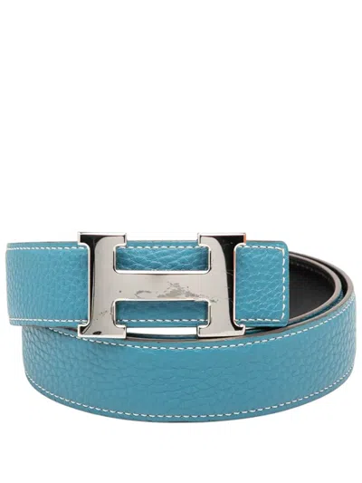 Pre-owned Hermes 2004 Togo And Box Calf Constance H Reversible Belt In Blue