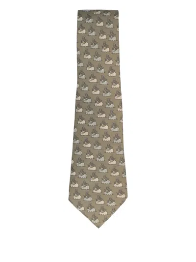 Pre-owned Hermes 2005 Boat-print Silk Tie In Green