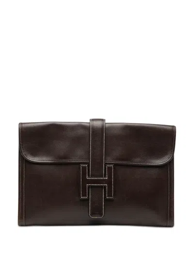 Pre-owned Hermes 2005 Evergrain Jige Pm Clutch Bag In Brown