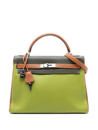 Pre-owned Hermes 2005 Tricolor Togo Kelly Ii Retourne 32 Satchel In Green