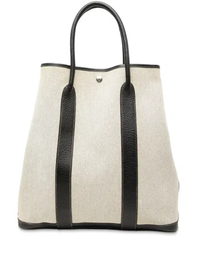 Pre-owned Hermes 2006 Toile And Buffalo Leather Garden File 37 Tote Bag In Brown