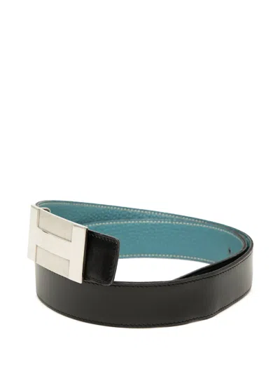 Pre-owned Hermes 2007 Box Calf And Togo H Plate Reversible Belt In Blue
