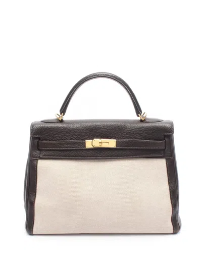 Pre-owned Hermes 2007 Toile And Togo Kelly Ii Retourne 32 Handbag In Brown