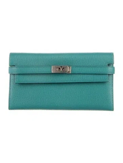 Pre-owned Hermes 2008 Kelly Depliant Medium Wallet In Blue