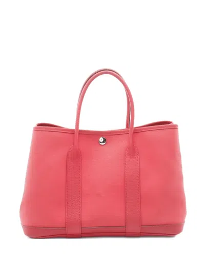 Pre-owned Hermes 2009 Garden Party Leather Trim Handbag In Red
