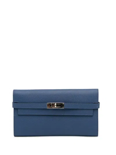 Pre-owned Hermes 2010-2024 Epsom Classic Kelly Wallet Long Wallets In Blue