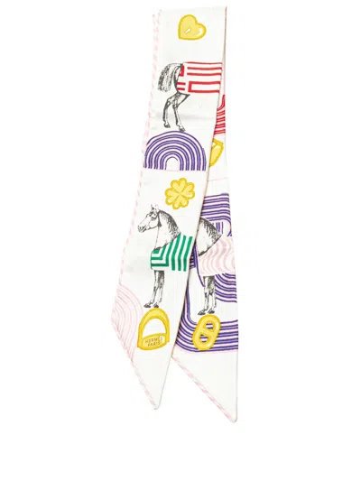 Pre-owned Hermes 2010-2024 Garde Robe Pop Charms Twilly Silk Scarf Scarves In White