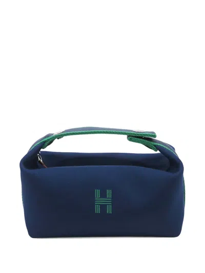Pre-owned Hermes 2010-2024 Small Toile Bride A Brac Case Vanity Bag In Blue