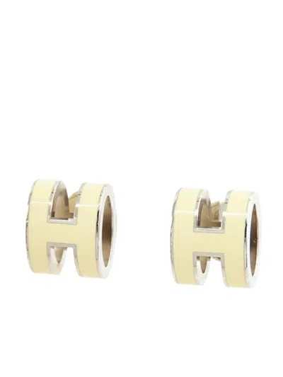 Pre-owned Hermes 2010-2025 Lacquered Palladium Plated Mini Pop H Stud Earrings Costume Earrings In White