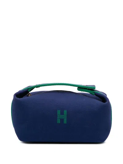 Pre-owned Hermes 2010-2025 Small Canvas Bride A Brac Case Vanity Bag In Blue