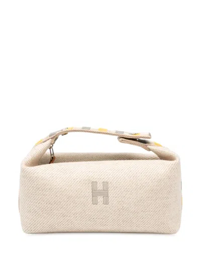 Pre-owned Hermes 2010-2025 Small Wool Bride A Brac Au Carre Case Vanity Bag In Brown
