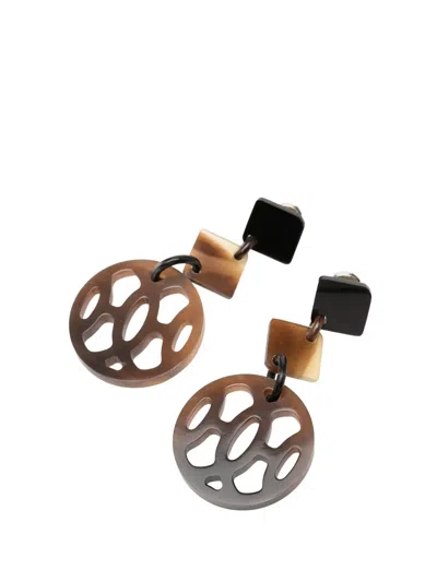 Pre-owned Hermes 2010 Buffalo Horn Ava Drop Push Back Earrings Costume Earrings In Brown