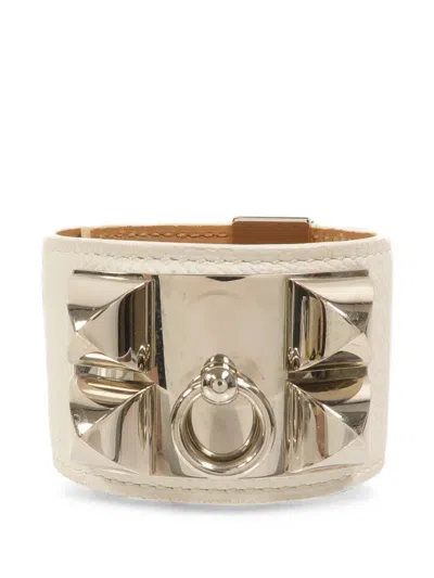 Pre-owned Hermes 2010 Collier De Chien Leather Bracelet In Silver
