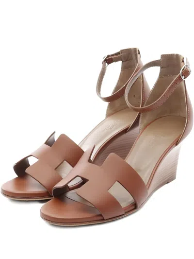 Pre-owned Hermes 2010 Cut-out Ankle Strap Legend Sandals In Brown
