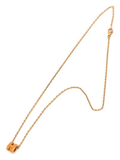 Pre-owned Hermes 2010 Gold Plated Enamel Mini Pop H Pendant Necklace Costume Necklace In Orange