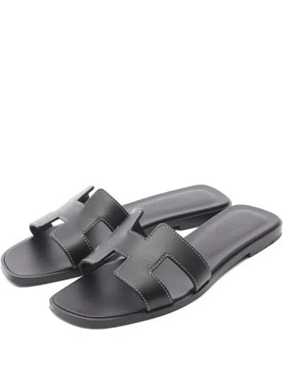 Pre-owned Hermes 2010's Oran Strap Sandals In Black