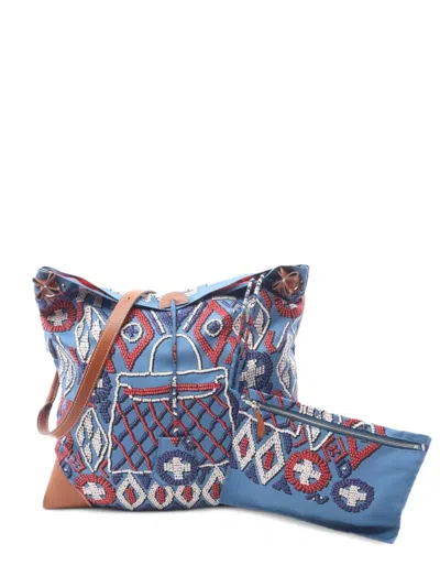 Pre-owned Hermes 2010 Silkycity Beaded-print Shoulder Bag In Blue