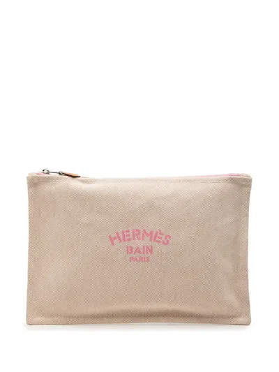 Pre-owned Hermes 2010-2022 Large Toile Bain New Yachting Flat Pouch In Neutral