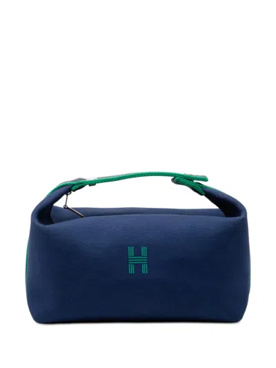 Pre-owned Hermes 2010-2025 Large Toile Bride A Brac Case Vanity Bag In Blue
