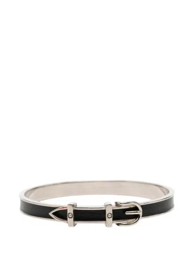 Pre-owned Hermes 2010-2025 Palladium Plated And Leather Belt Buckle Bangle Costume Bracelet In Black