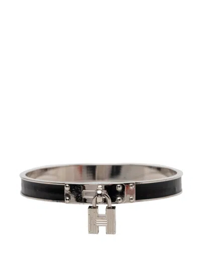 Pre-owned Hermes 2010-2025 Palladium Plated Leather Kelly Cadena Lock Bangle Bracelet Costume Bracelet In Silver