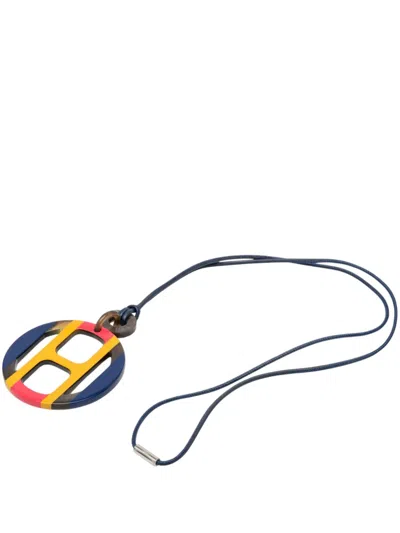 Pre-owned Hermes 2010-2026 Buffalo Horn H Equipe Pendant Necklace Costume Necklace In Blue